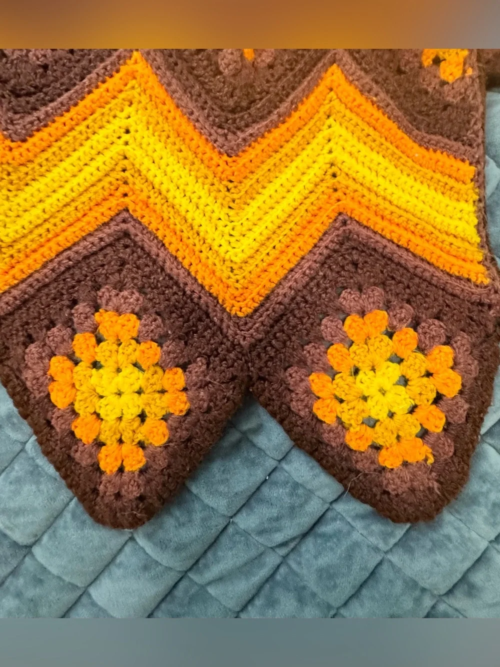 VTG 70s Throw Handmade Crochet Chevron Granny Square Yellow Brown Orange 52